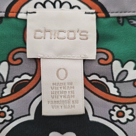 Chico's Paisley Tunic Top Size S/0 Long Sleeve V-Neck Blouse Green Black White - Picture 3 of 7